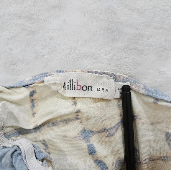 Millibon V-Neck Tie-Dye Tiered Mini Dress in Blue/Cream/Off-White Women’s Size S - Picture 6 of 7